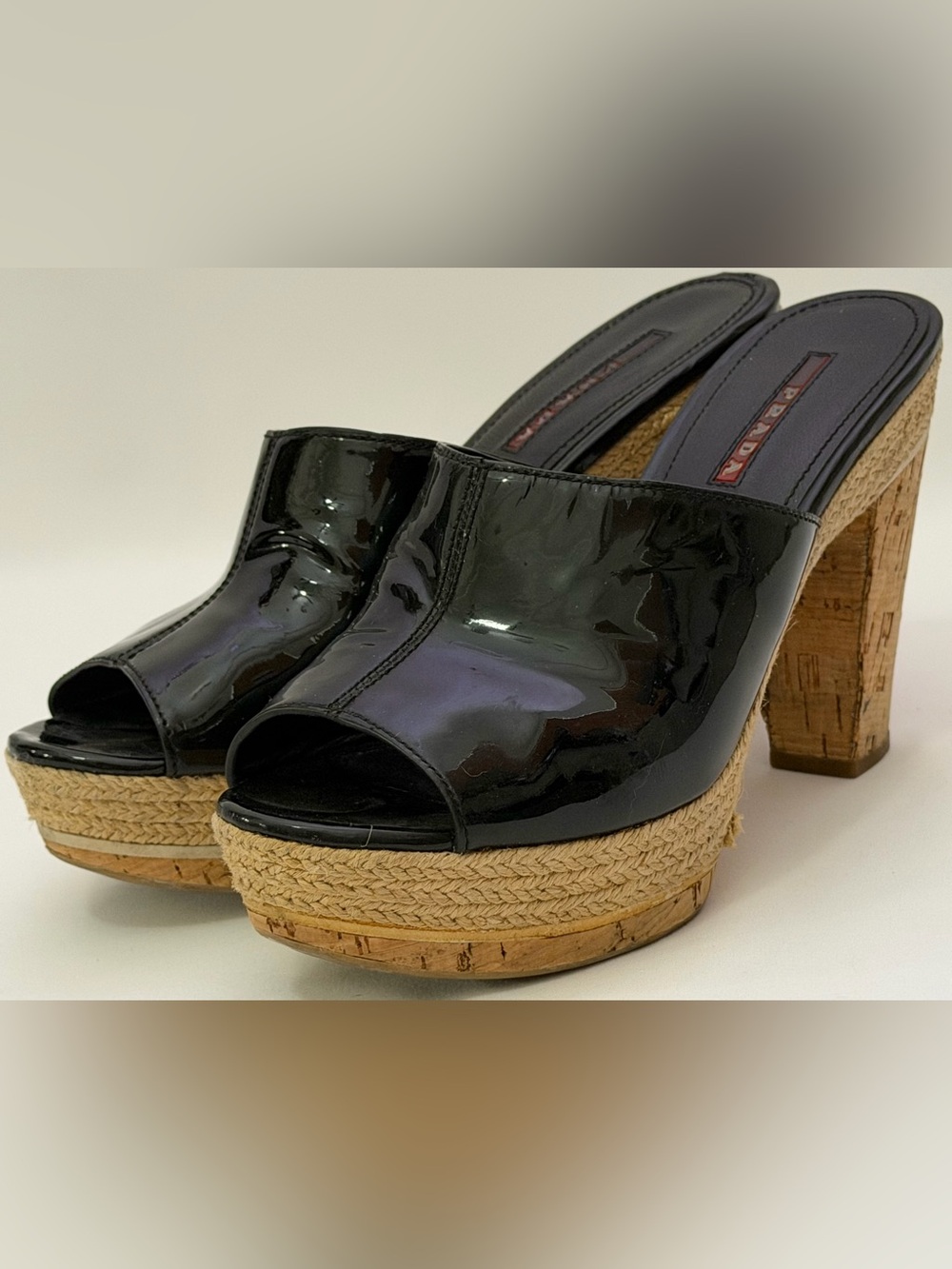 Prada Sport Linea Rossa Y2K Black Patent Cork Platform Espadrille Wedge Mules 38